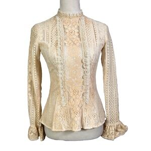 AMAZING Vintage Handmade Edwardian Ivory High Neck Lace Blouse Boho Romantic